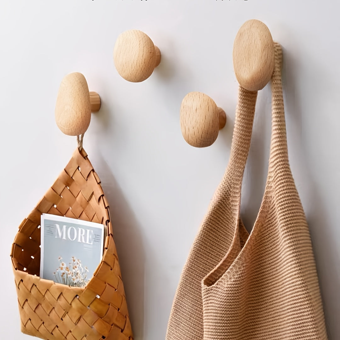 Set of 4 Natural Wooden Pebble Wall Hooks for Minimalist Decor