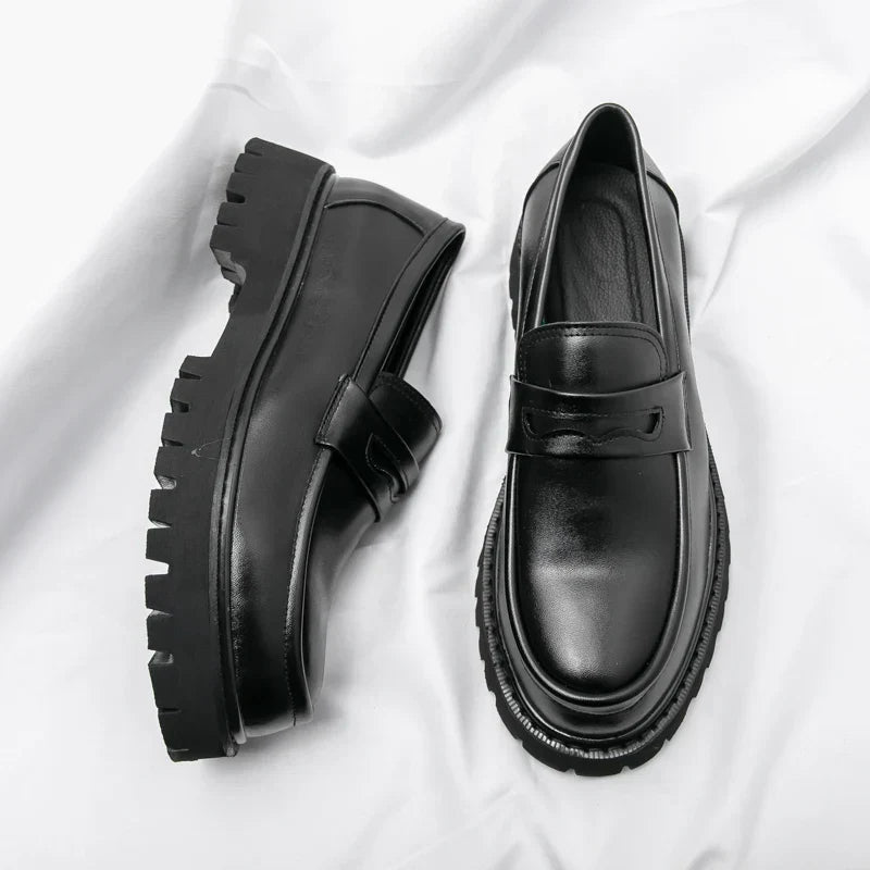 Men's Modern Slip-On Dress Shoes – Black Chunky Sole Loafers with Matte & Glossy Finishes
