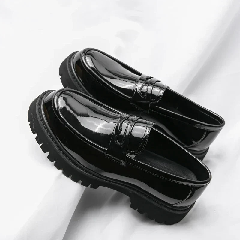 Men's Modern Slip-On Dress Shoes – Black Chunky Sole Loafers with Matte & Glossy Finishes