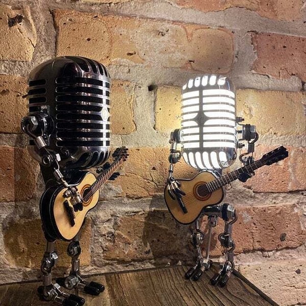 Retro Table Lamp Featuring Guitar Design and Vintage Microphone