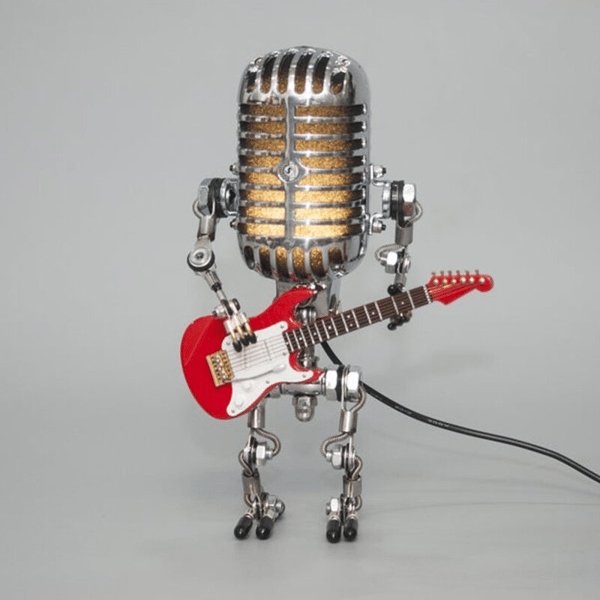 Retro Table Lamp Featuring Guitar Design and Vintage Microphone