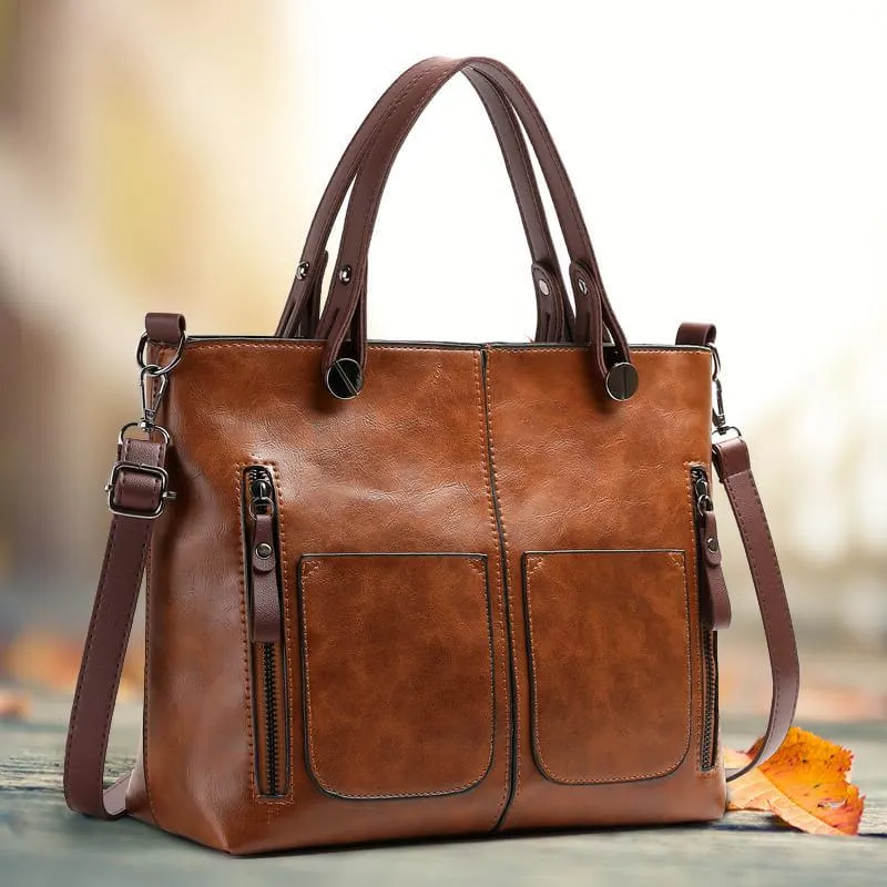 Stylish Leather Tote Bag Featuring Functional Front Pockets