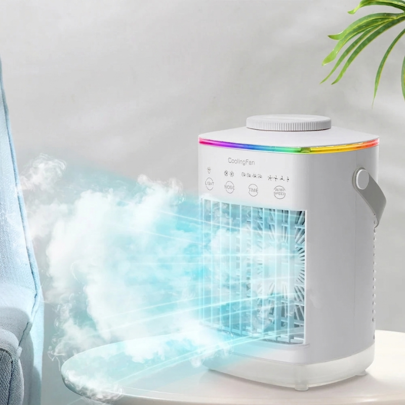 Compact Air Cooler with Water Reservoir – 3-in-1 Misting Fan and Night Light