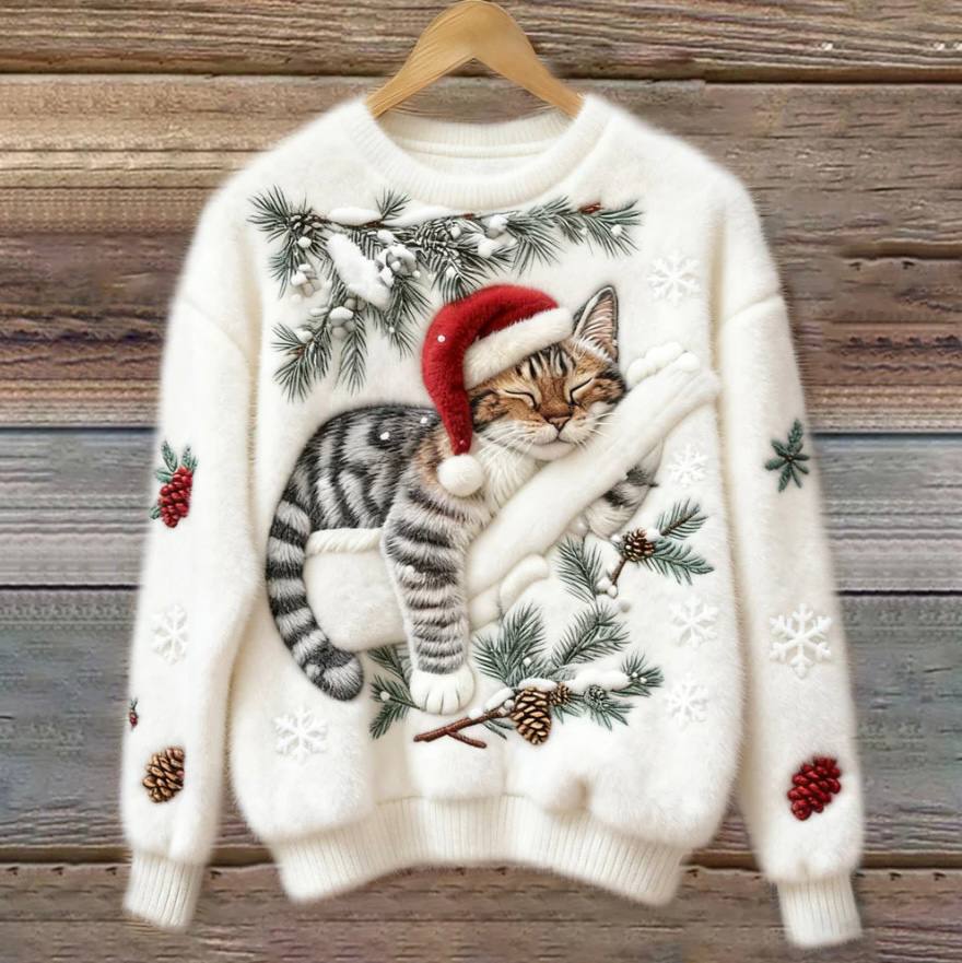 Cozy Holiday Pullover for Cats - 3D Appliqué Christmas Sweater