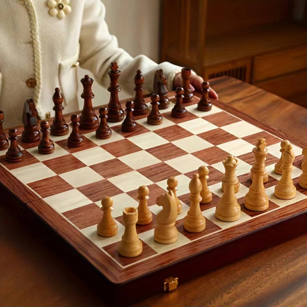 Folding Walnut Chess Board Set with Handcrafted Weighted Wooden Pieces
