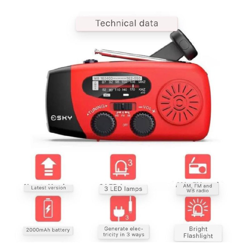 Portable Hand Crank Emergency Radio with LED Flashlight and Rechargeable Battery