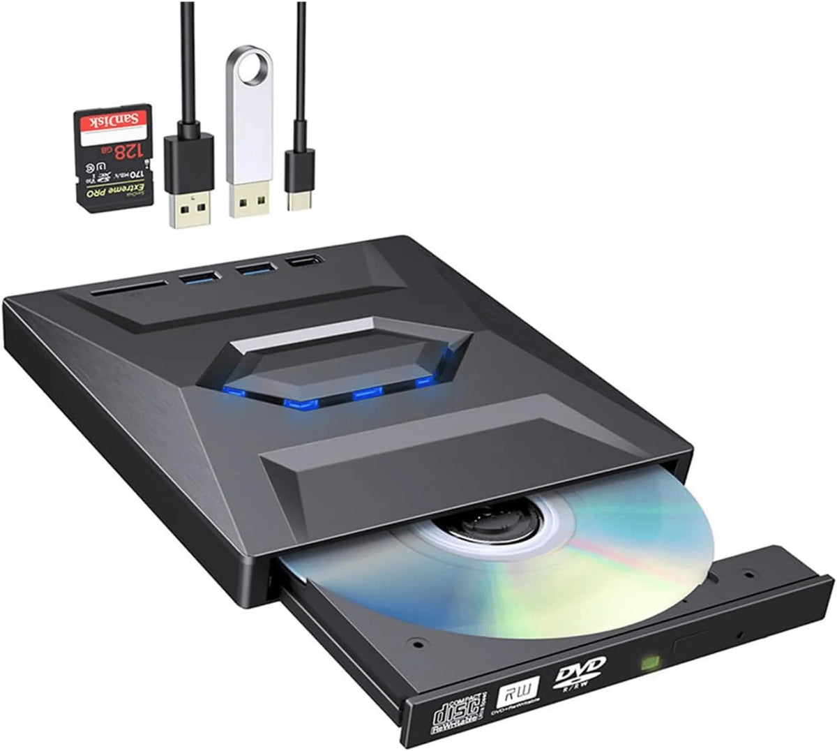 External DVD and CD Writer with USB Hub and SD Card Reader for PC and Laptop