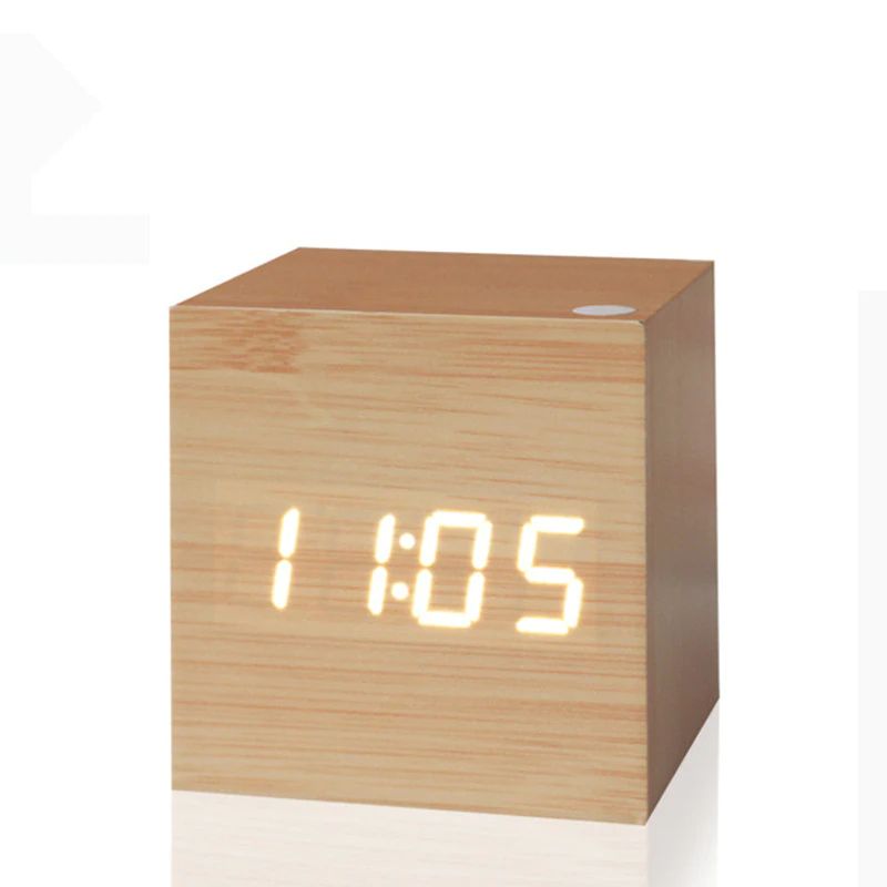 LED Display Wooden Cube Alarm Clock – Digital Time Indicator