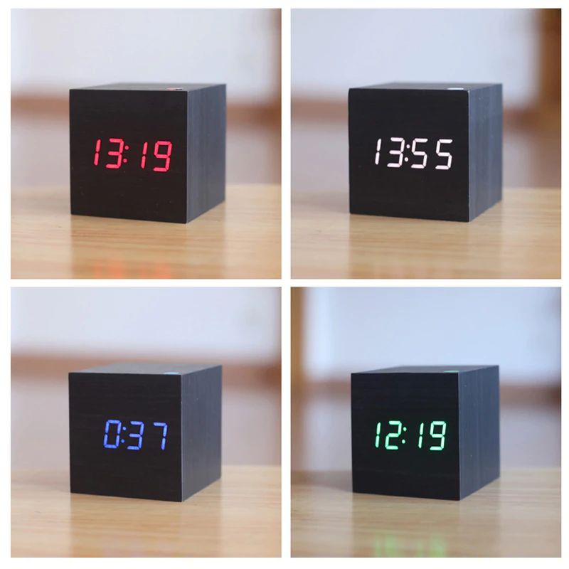 LED Display Wooden Cube Alarm Clock – Digital Time Indicator