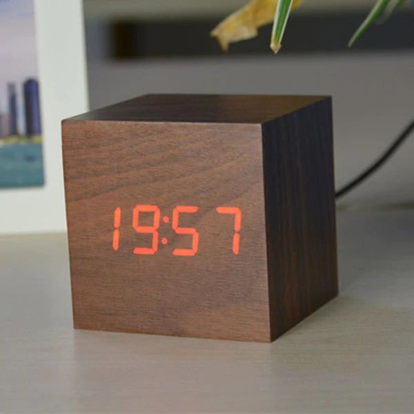 LED Display Wooden Cube Alarm Clock – Digital Time Indicator