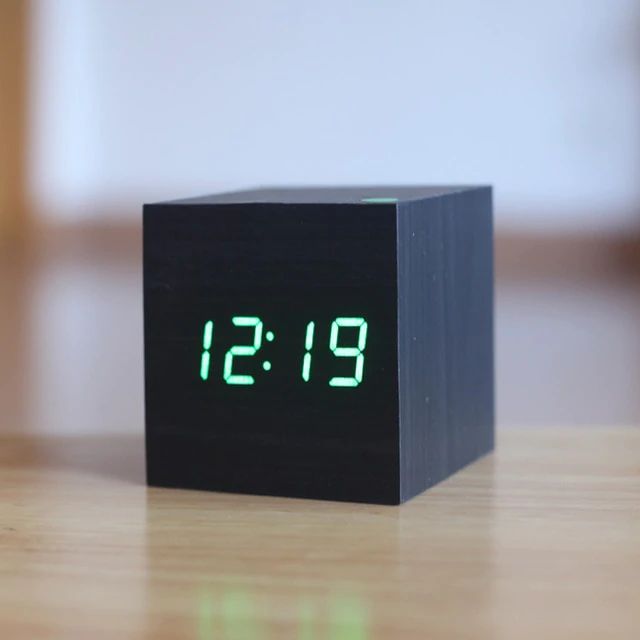 LED Display Wooden Cube Alarm Clock – Digital Time Indicator