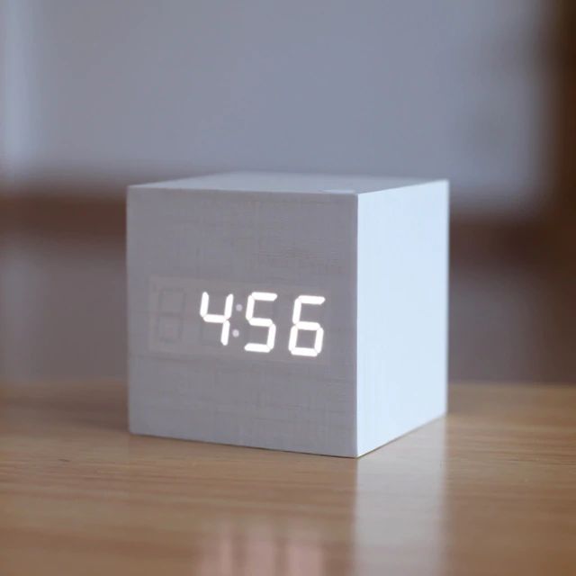 LED Display Wooden Cube Alarm Clock – Digital Time Indicator