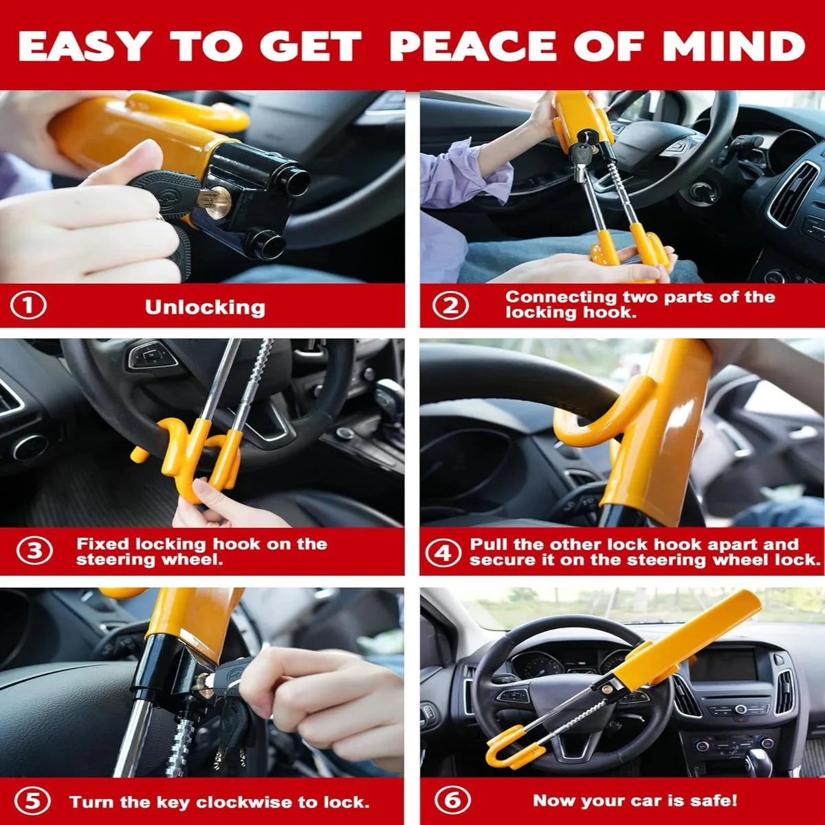 Steering Wheel Lock Bar for Cars and Trucks - Heavy Duty Anti-Theft Security