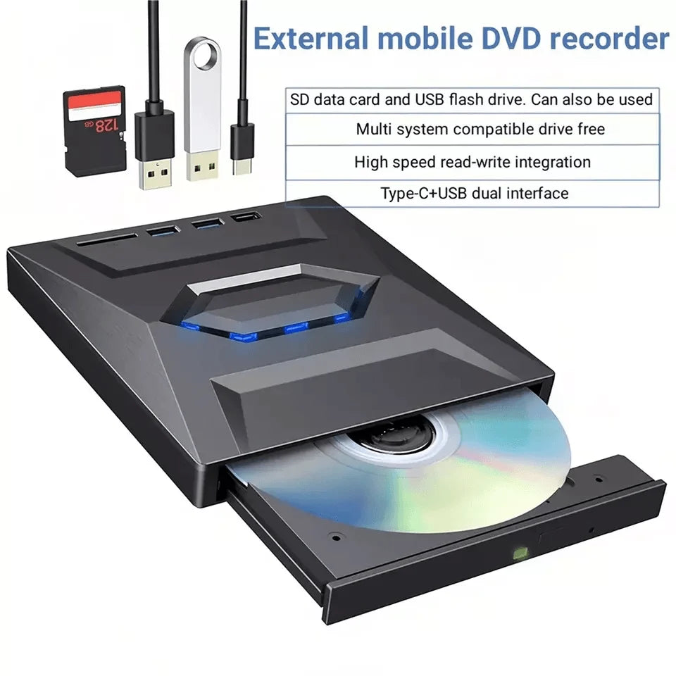 External DVD and CD Writer with USB Hub and SD Card Reader for PC and Laptop