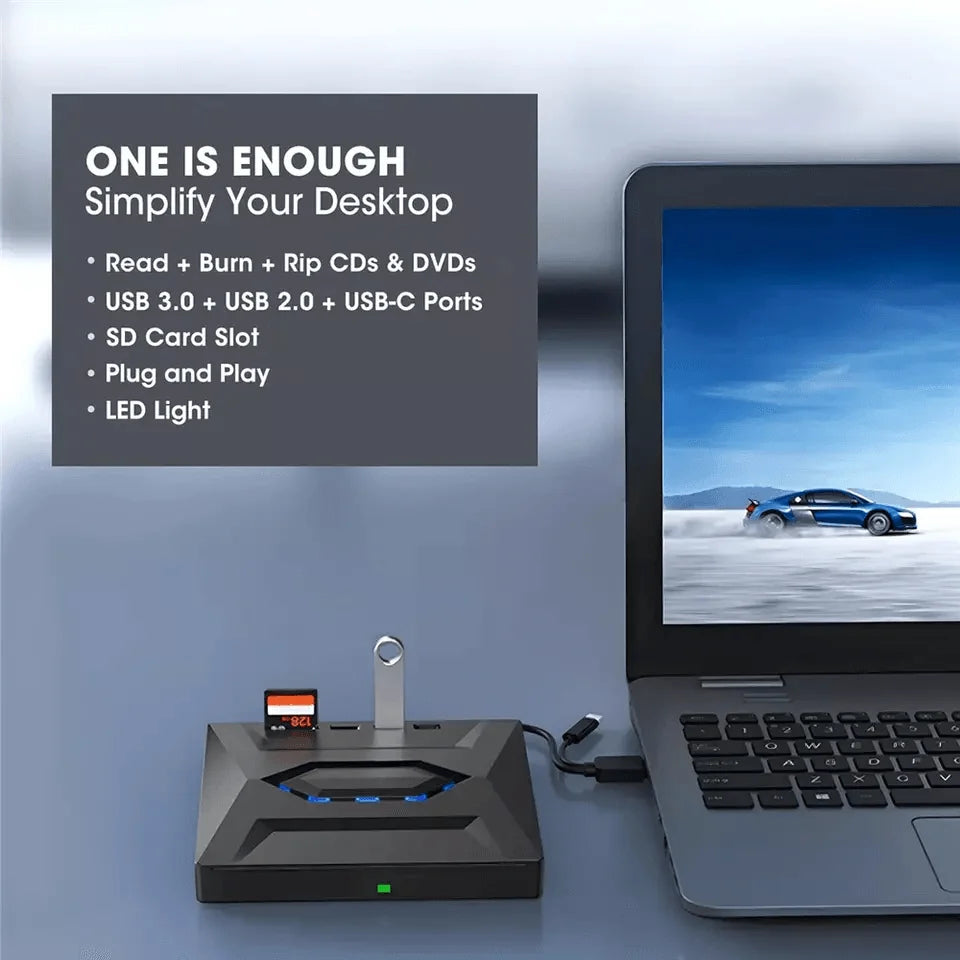 External DVD and CD Writer with USB Hub and SD Card Reader for PC and Laptop