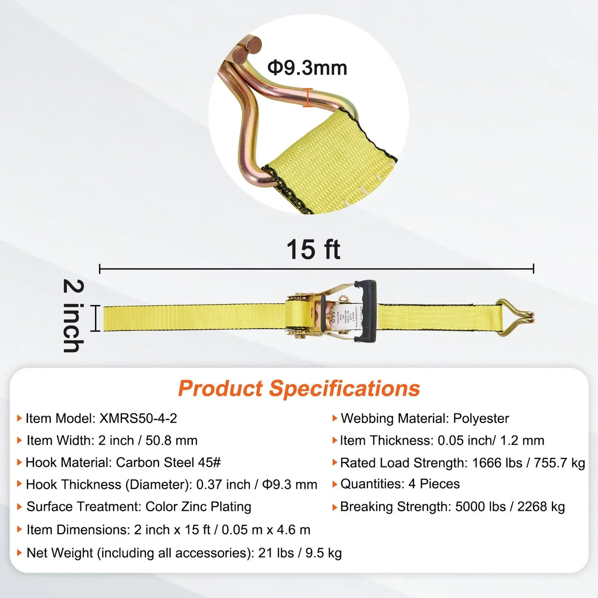Heavy Duty Ratchet Straps - 4 Pack, 2" x 15', 5000 lbs Capacity with Double J Hook