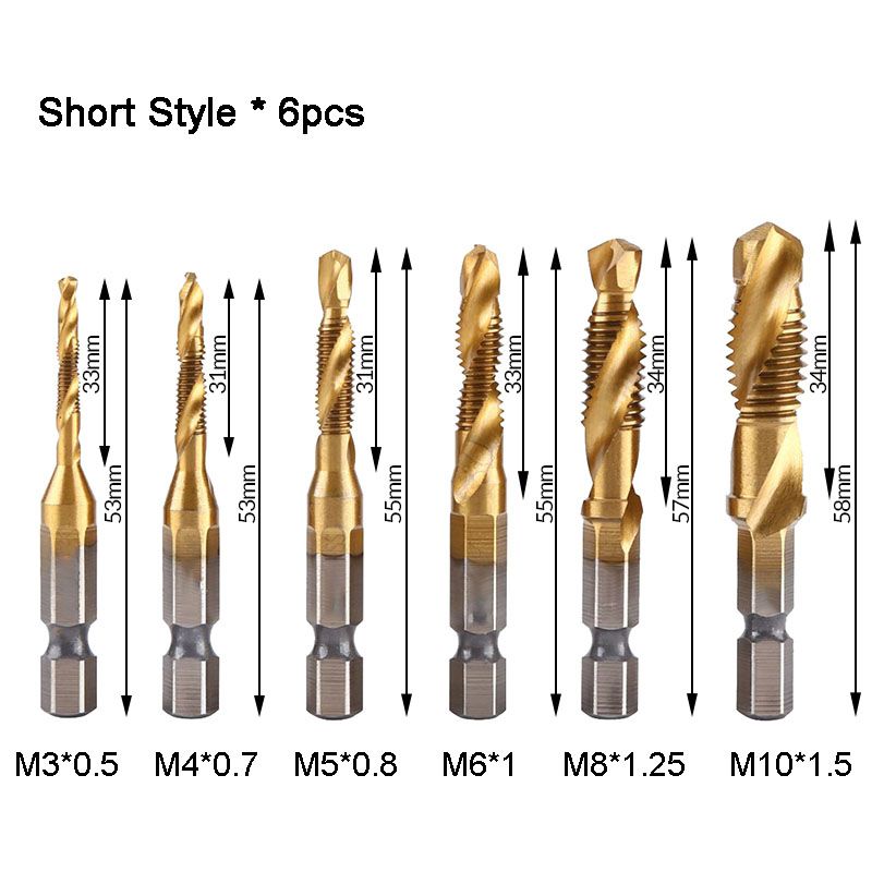 Hex Shank Tap Set – 6 Pieces with Spiral Flute Design
