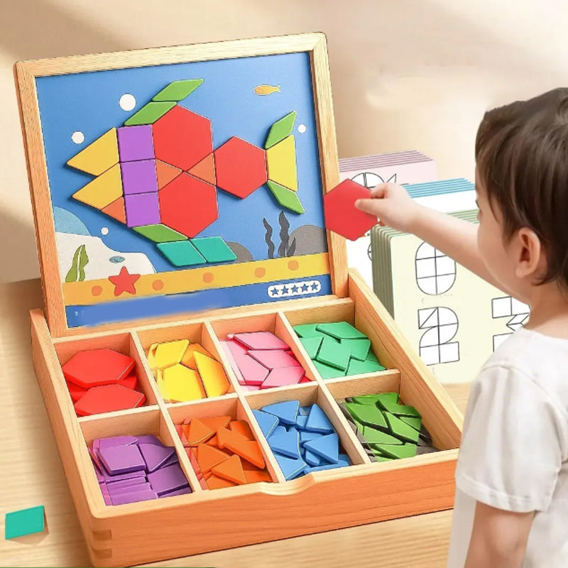 Wooden Building Blocks Set with Magnetic Pieces and Pattern Cards