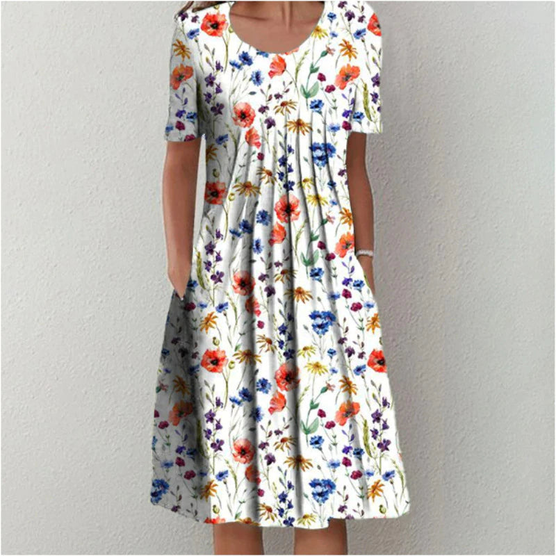 Floral A-Line Midi Dress for Women – Summer Short Sleeve with Pockets