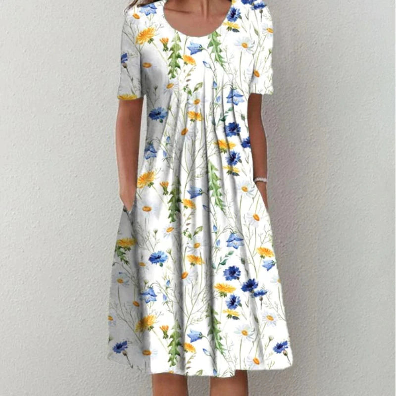 Floral A-Line Midi Dress for Women – Summer Short Sleeve with Pockets