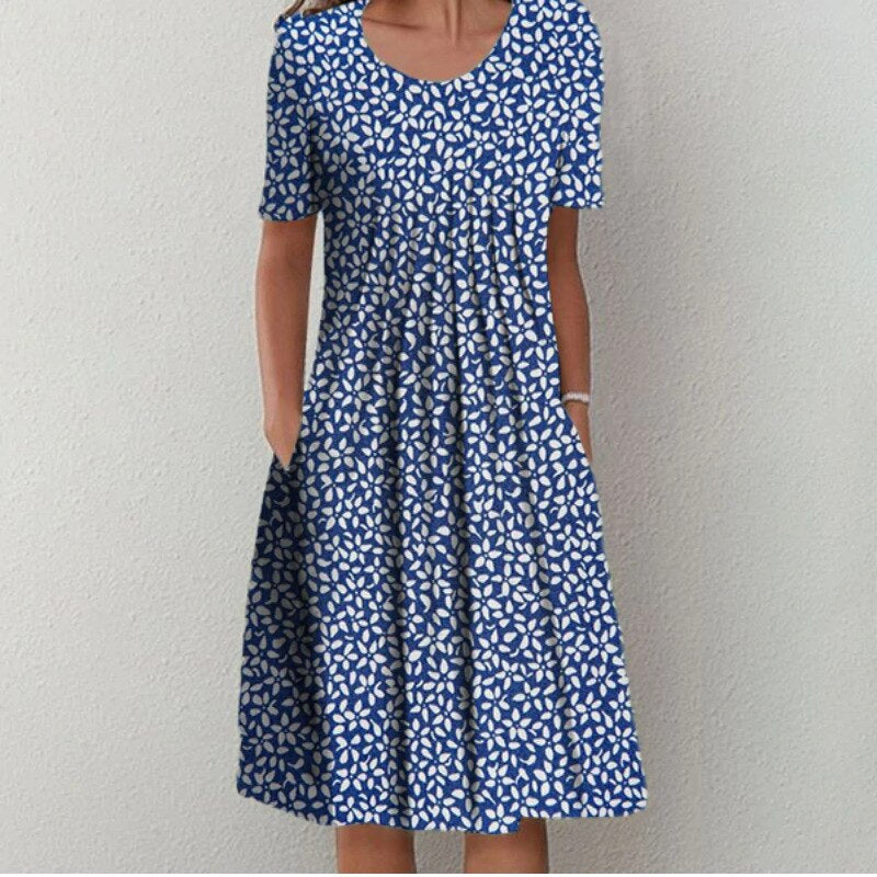 Floral A-Line Midi Dress for Women – Summer Short Sleeve with Pockets