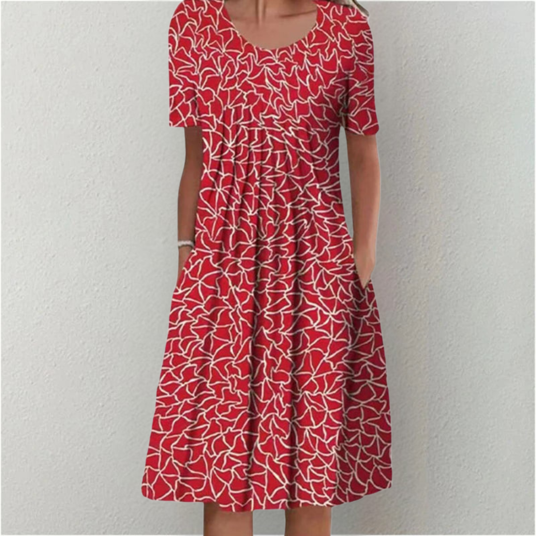 Floral A-Line Midi Dress for Women – Summer Short Sleeve with Pockets