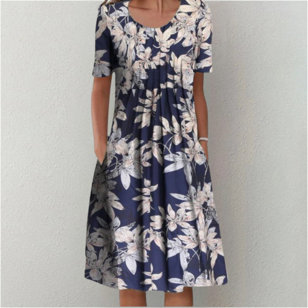 Floral A-Line Midi Dress for Women – Summer Short Sleeve with Pockets