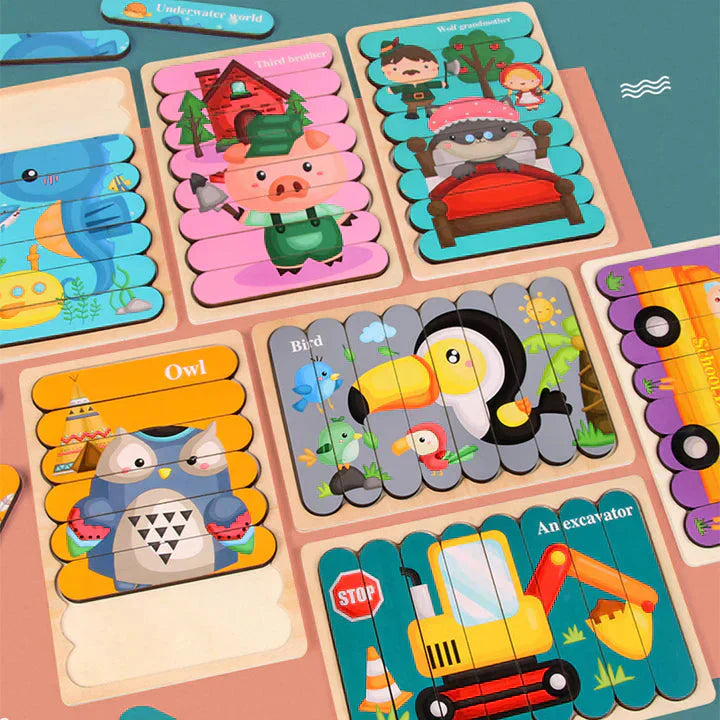 Double-Sided Educational Puzzle Set with Wooden Pegs for Kids