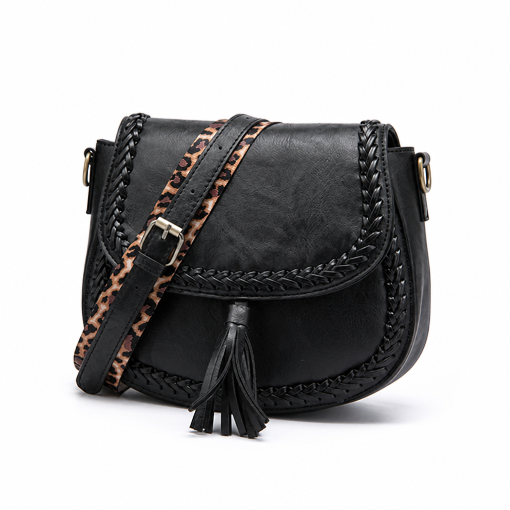 Faux Leather Tassel & Braided Trim Crossbody Bag (Adjustable Strap)