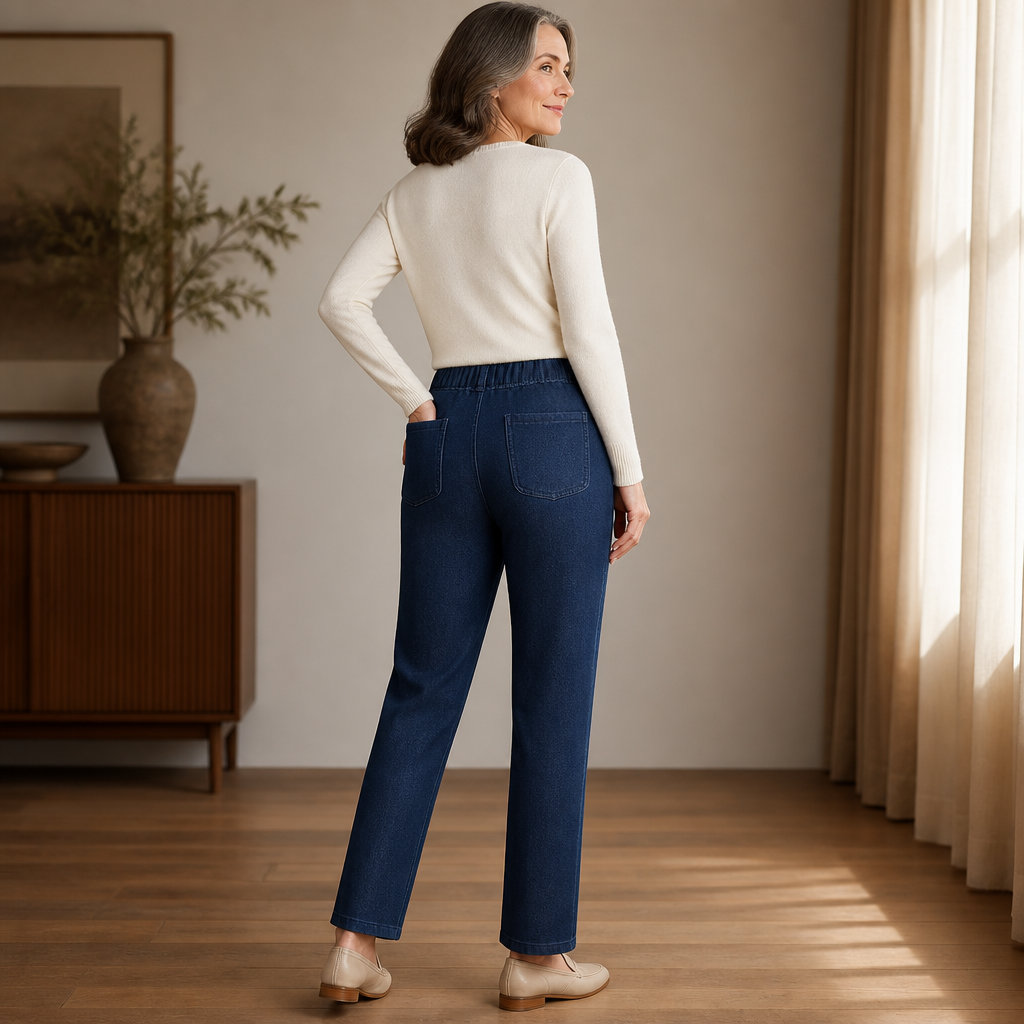 SculptEase™ – Stretch Pull-On Straight Leg Jeans Featuring Embroidered Pockets