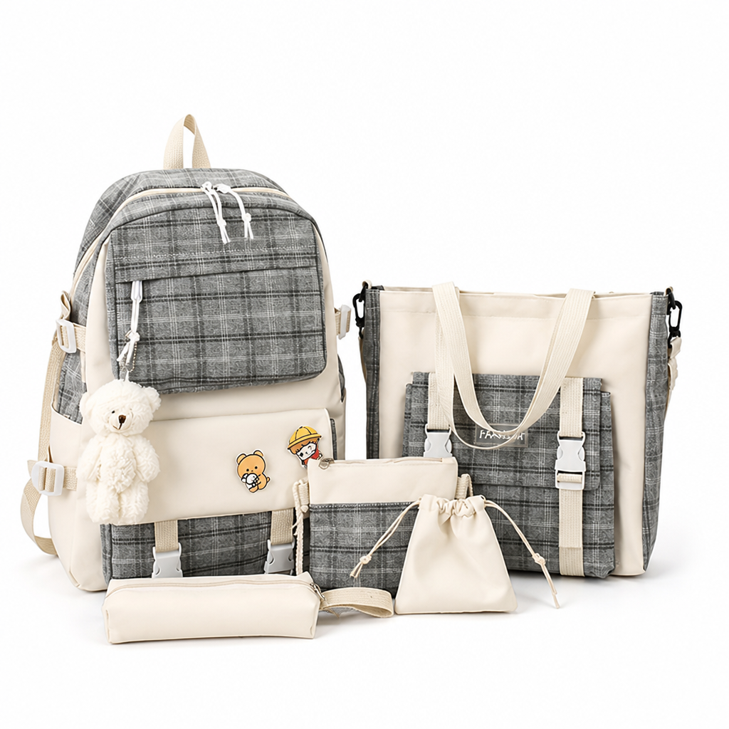Large Capacity Minimalist Plaid Backpack Set (Set of 5)