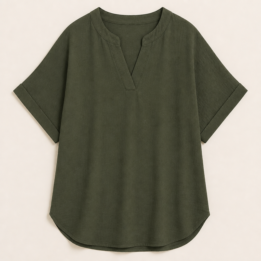 Silkora™ – Casual V-Neck Top with Rounded Hem
