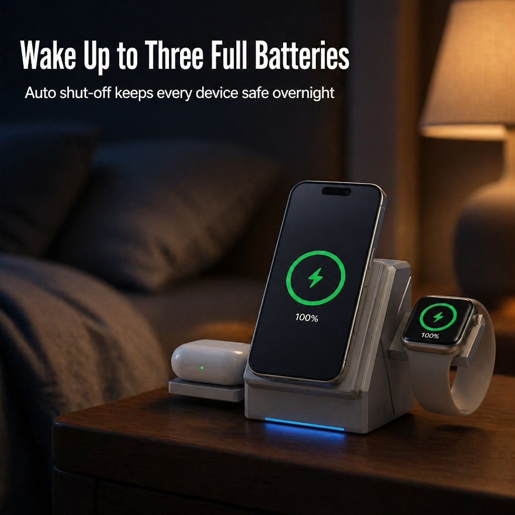ChargeFlow™ — Attach Your iPhone, Watch & headset to One Foldable Qi2 Stand