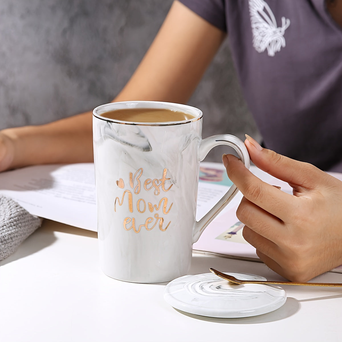 Marble-Patterned Coffee Mug with Lid and Spoon
