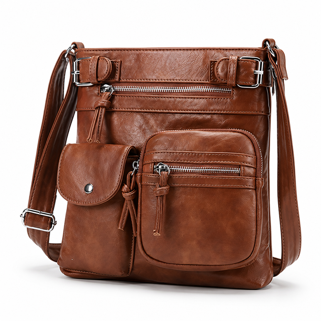 Genuine Leather Multi-Pocket Crossbody Bag (Adjustable Strap)