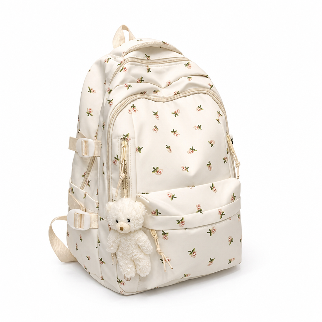 Large Capacity Rose Print Backpack (Teddy Bear Charm)