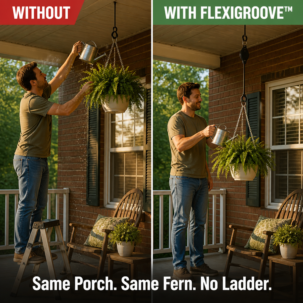 FlexiGroove™ — Lower Hanging Baskets to Chest Level for Ladder-Free Watering