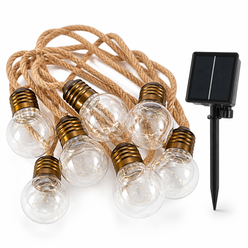 Solar-Powered Hemp Rope Outdoor String Lights (IP55 Waterproof)