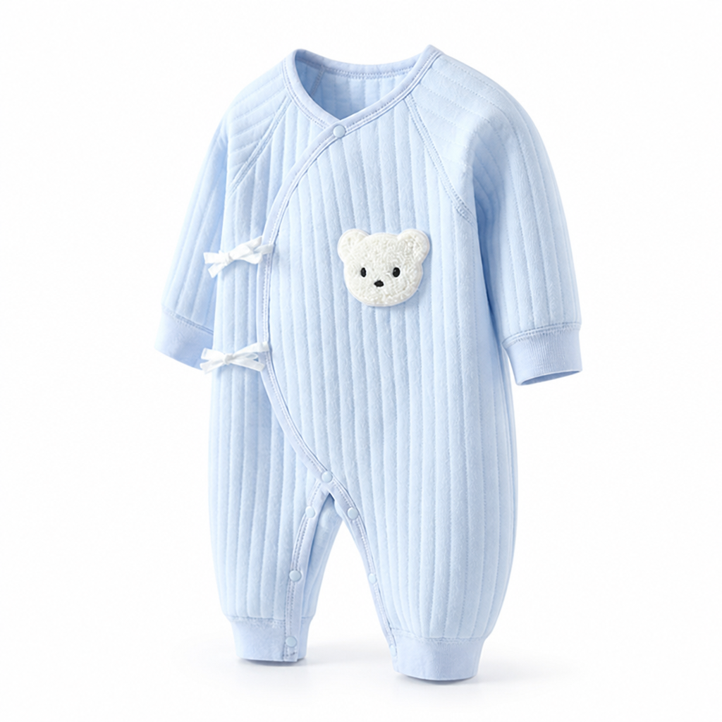 Soft 100% Cotton Press-Stud Baby Romper (Bear Applique)
