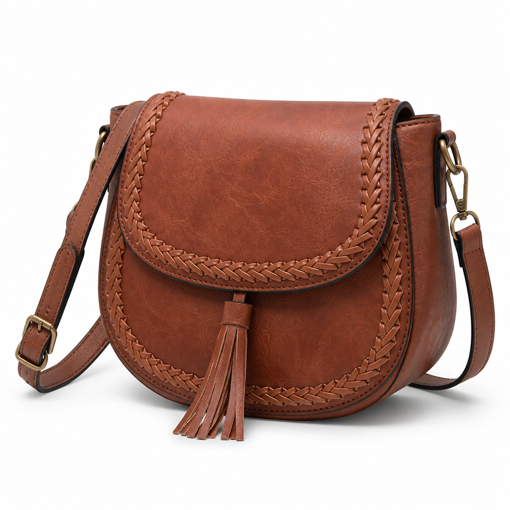 Faux Leather Tassel & Braided Trim Crossbody Bag (Adjustable Strap)