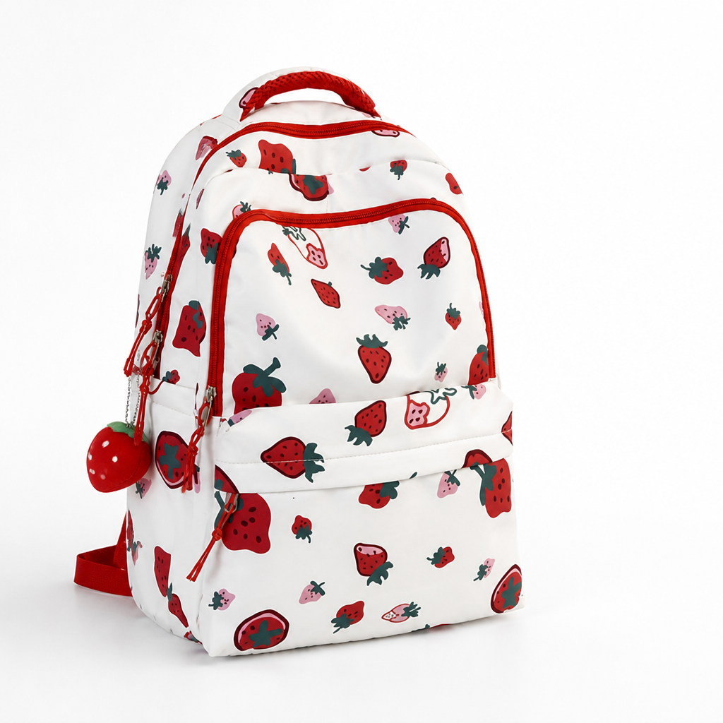 Lightweight Nylon Strawberry Print Backpack (Multiple Pockets)