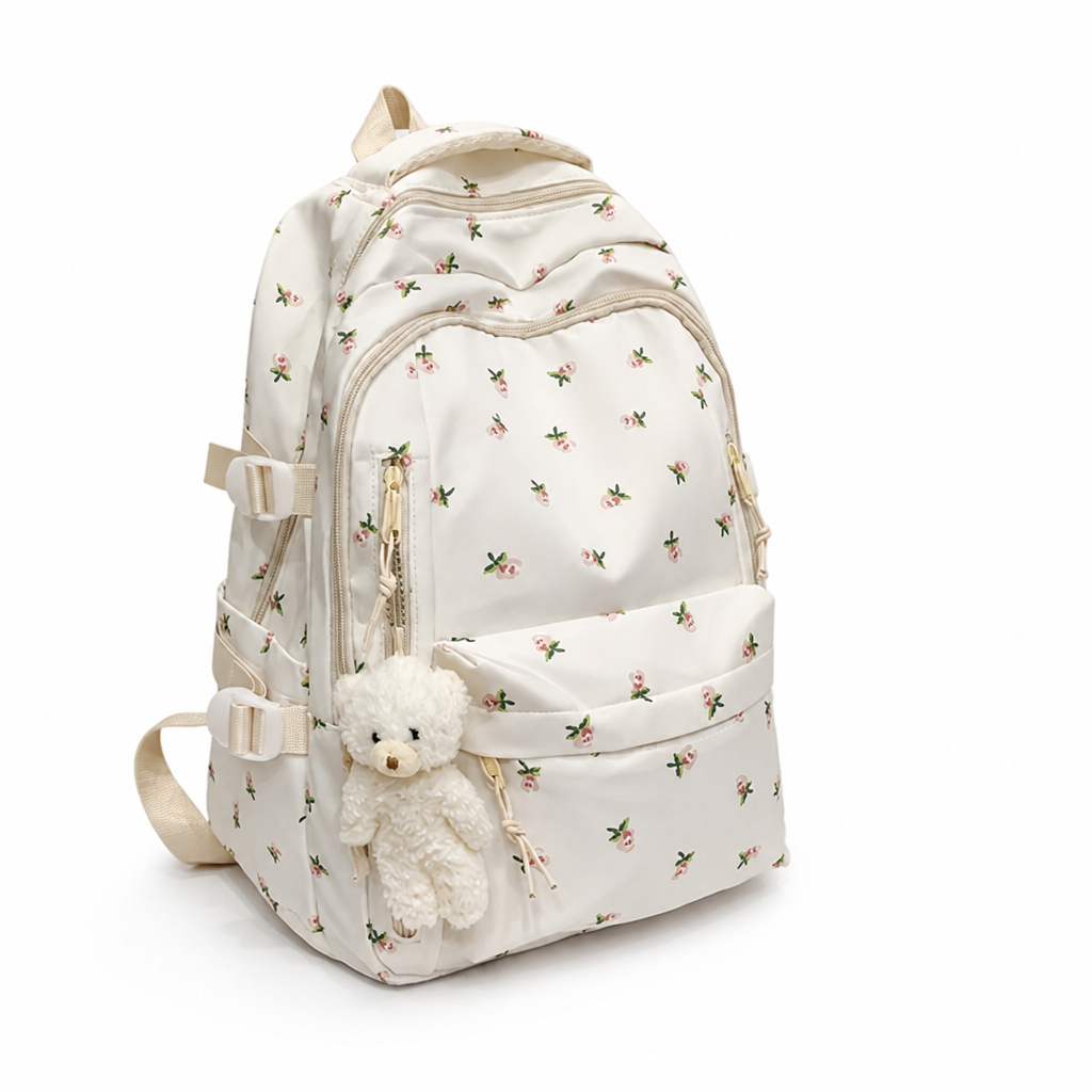 Large Capacity Rose Print Backpack (Teddy Bear Charm)