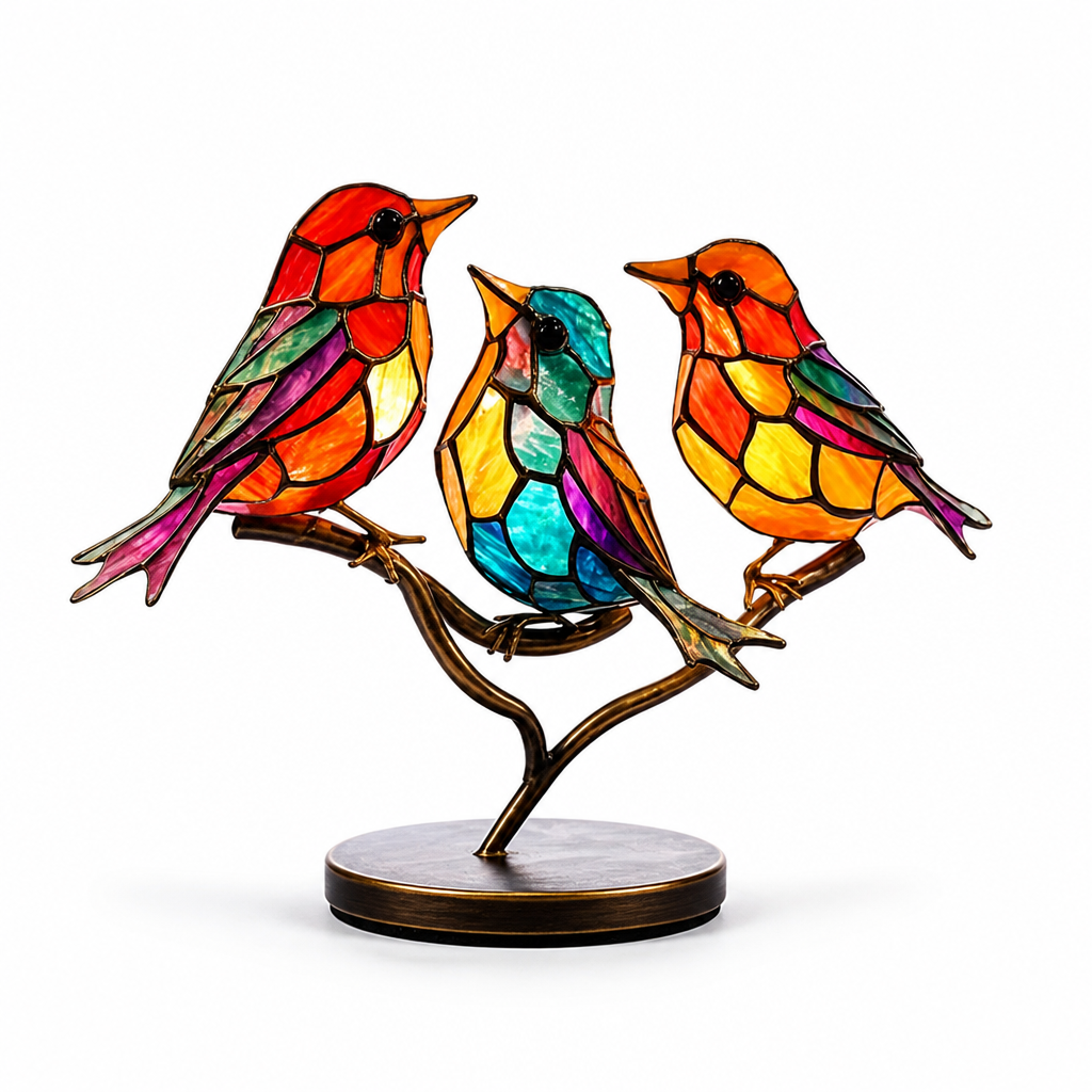 Handmade Colored Glass Bird Figurines (Set of 3 With Display Stand)