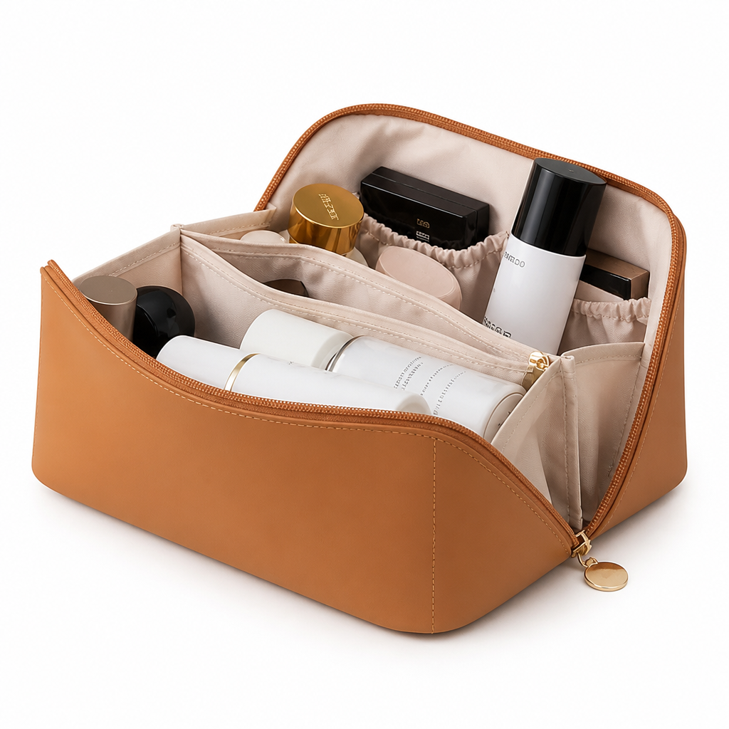 Premium PU Leather Multi-Compartment Cosmetic Bag (Travel-Ready)