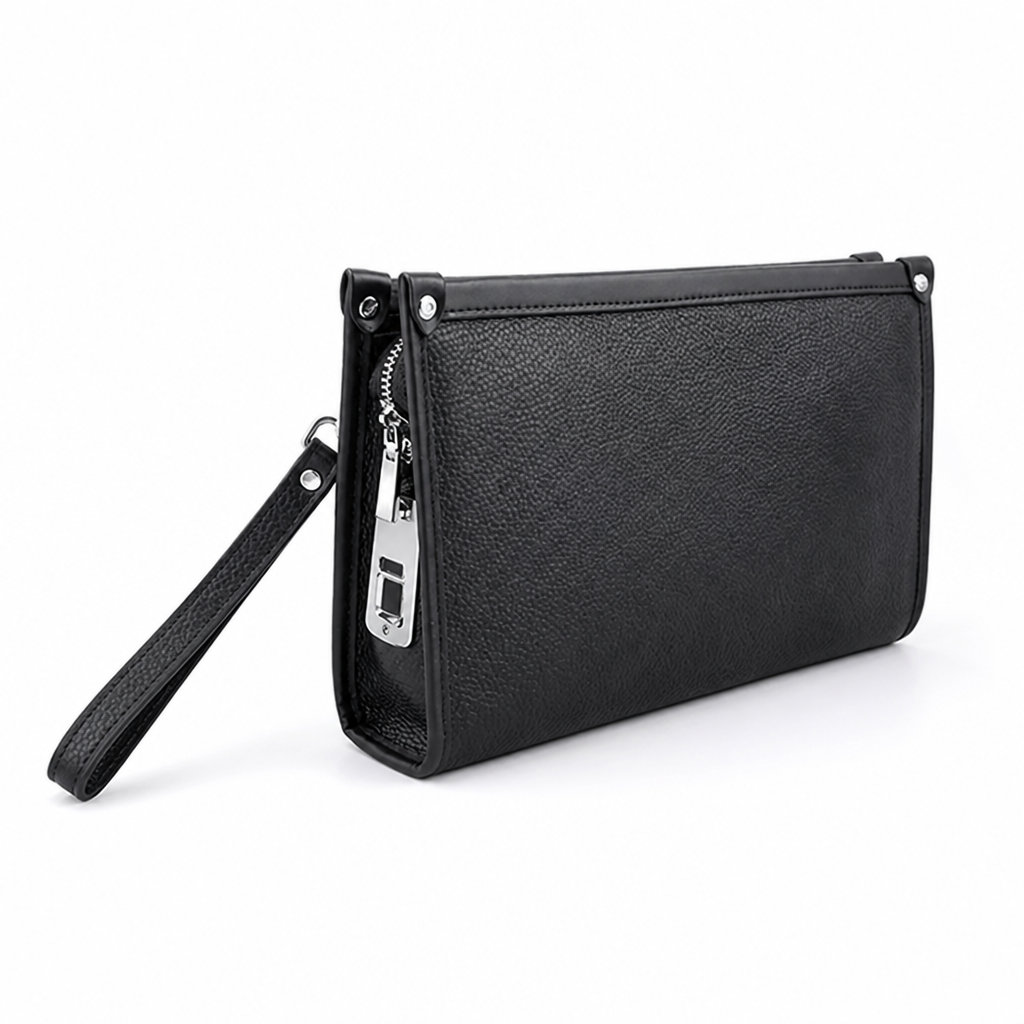 Genuine Top Cowhide Leather Fingerprint Lock Business Clutch (Zipper Closure)