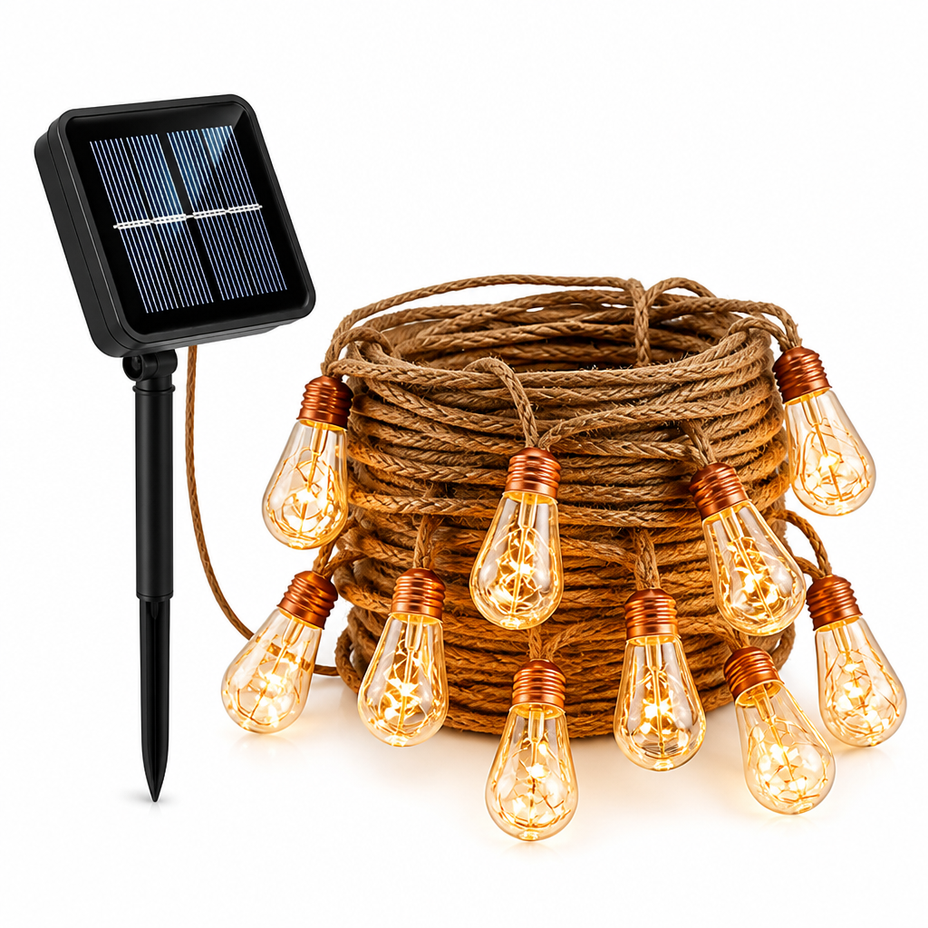 Solar-Powered Hemp Rope Outdoor String Lights (IP55 Waterproof)