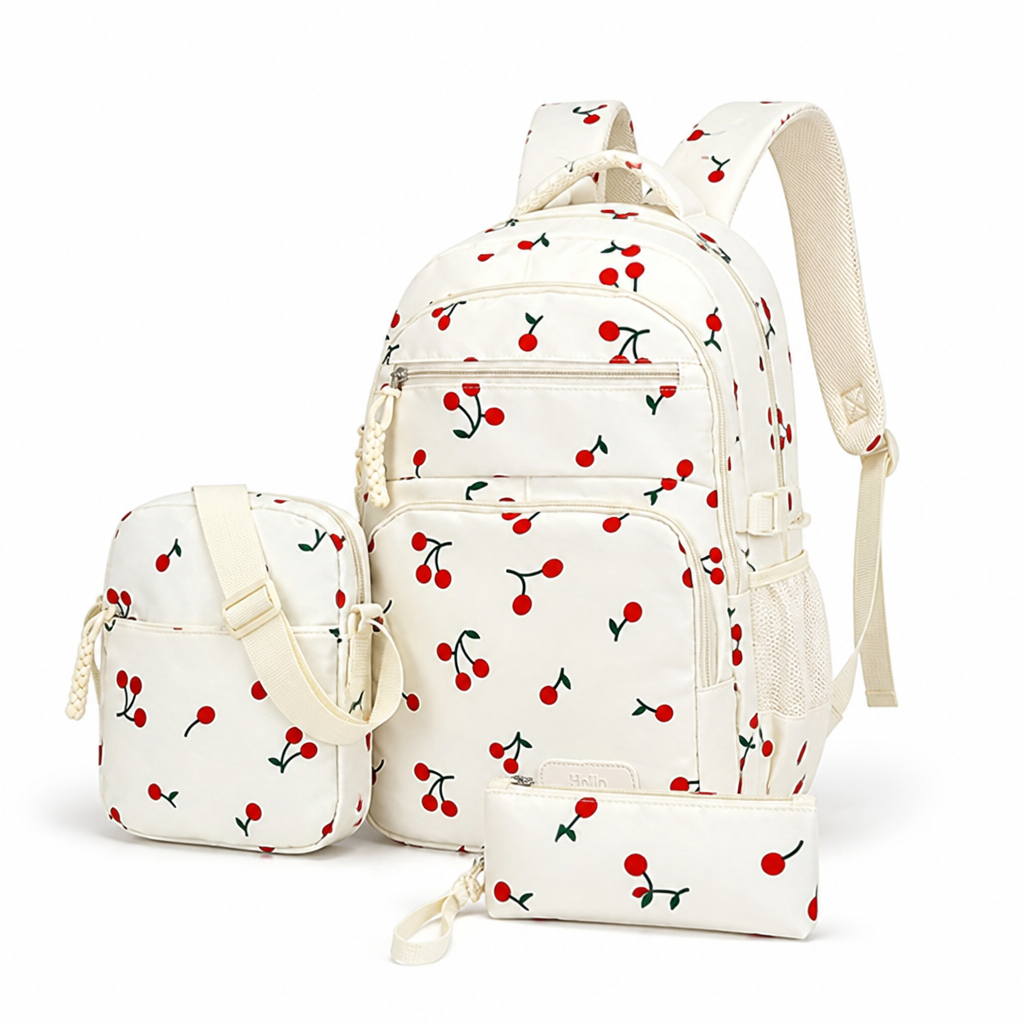 Large-Capacity Fruit-Print Backpack Set (3-Piece)