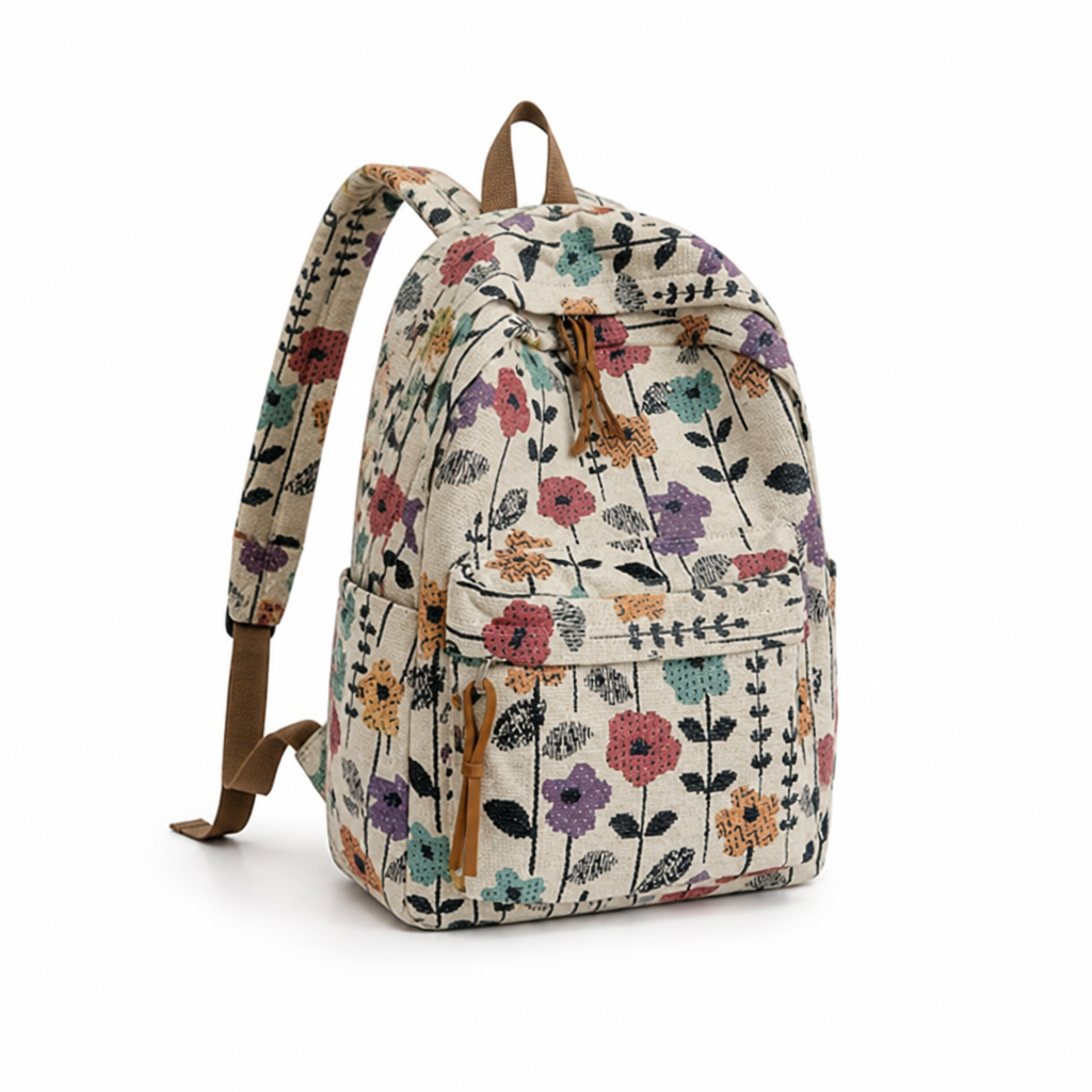 Lightweight Nylon Double-Strap Floral Backpack