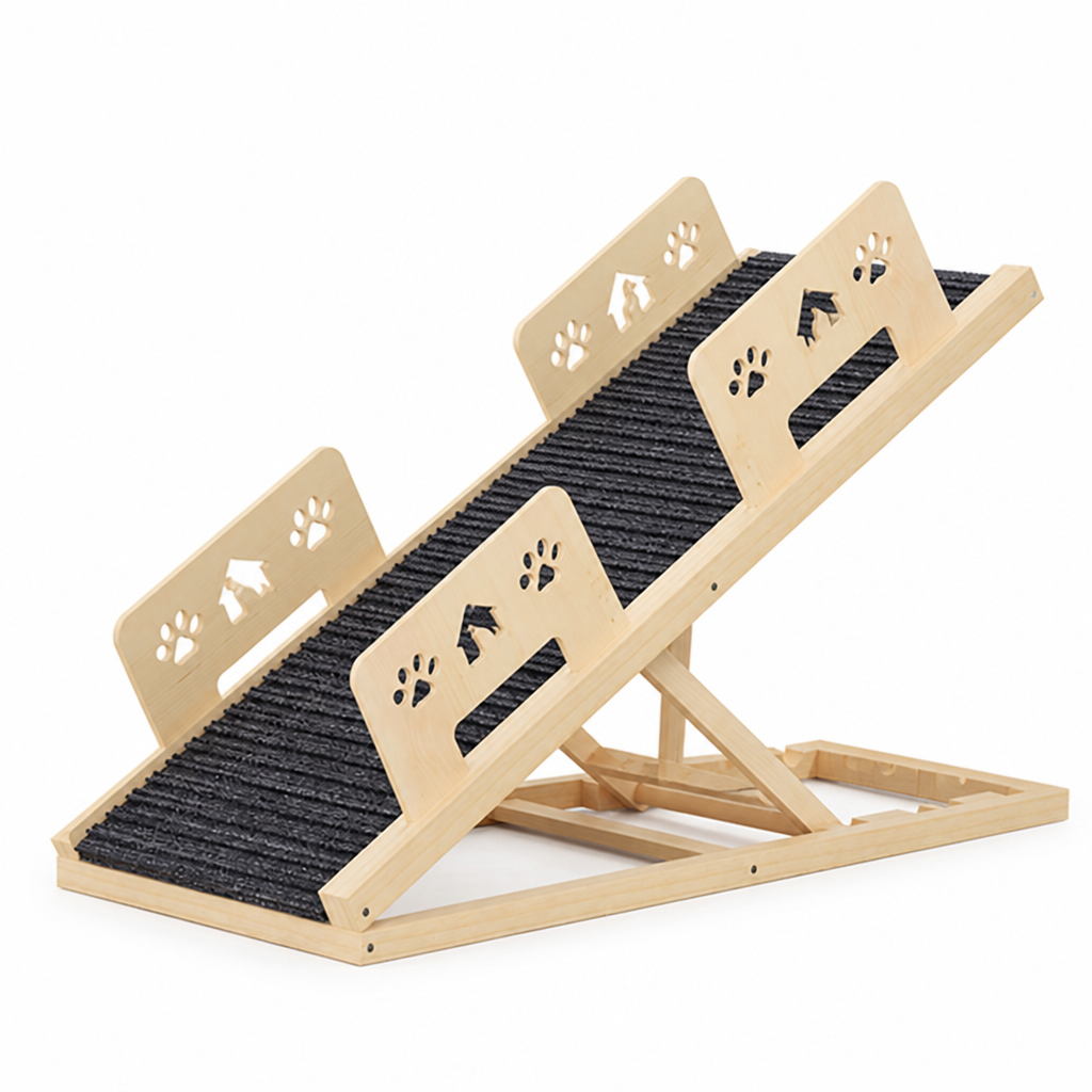 4-Level Adjustable Non-Slip Natural Wood Pet Ramp (For Beds & Sofas)
