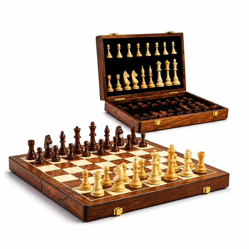Solid Wood Foldable & Portable Chess Set (Includes Extra Queens)